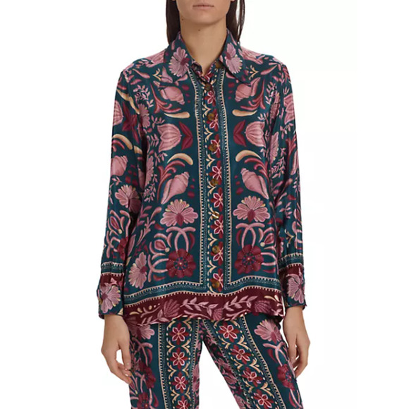 NEW Farm Rio Seashell Tapestry Buttoned Shirt Floral Salmon Pink Small - Picture 3 of 15